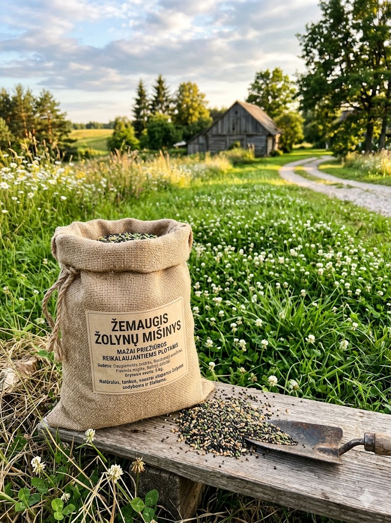 Žemaūgių žolynų sėklų mišinys su baltais dobilais, 1kg