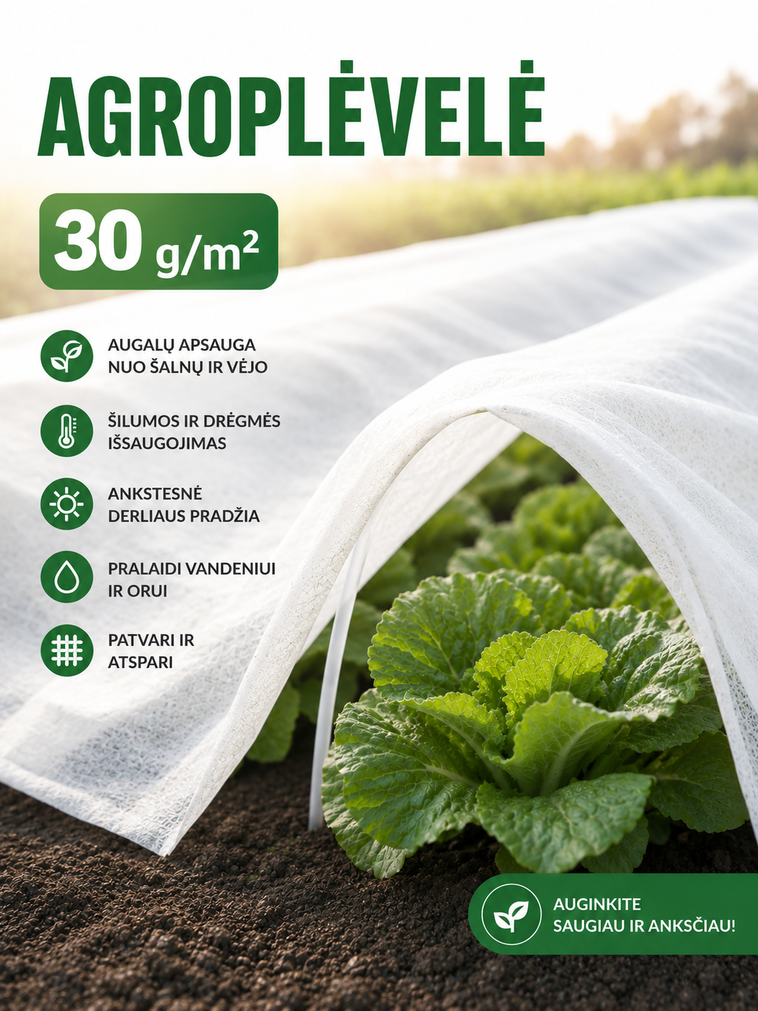 Agroplėvelė balta 30g/kv.m , (storesnė nei standartinė) 3mx10m