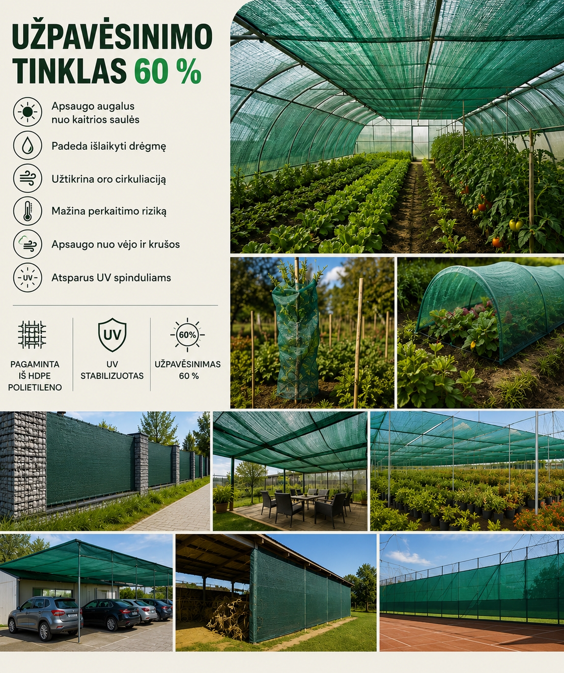 Užpavėsinimo tinklas, 60%, nuo tiesioginių saulės spindulių, vėjo, krušos