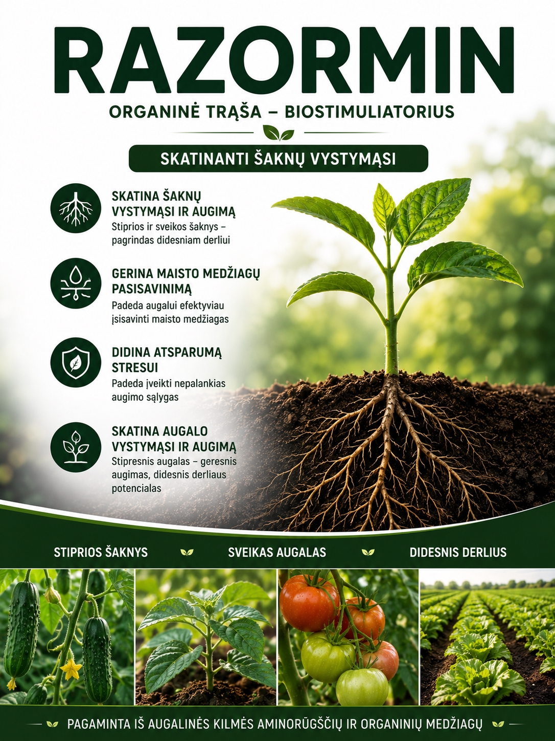 RAZORMIN-organinė trąša-biostimuliatorius, skatinanti šaknų vystymąsi