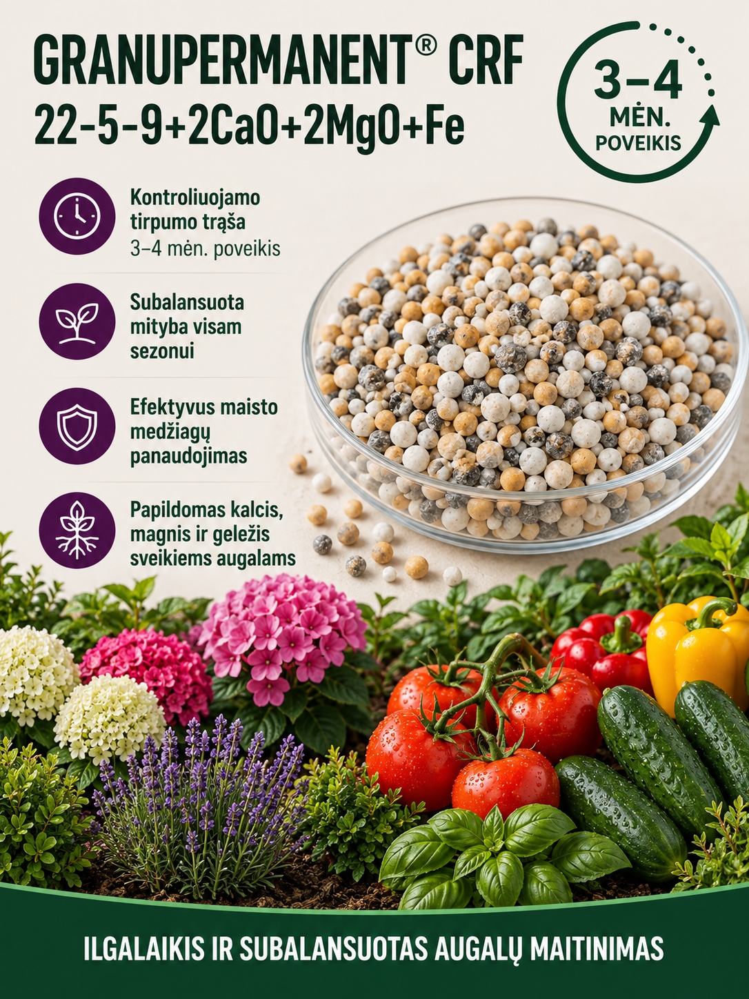 Ilgalaikio veikimo trąšos NPK 22-5-9+2CaO+2MgO+Fe (3-4 mėn) 900g